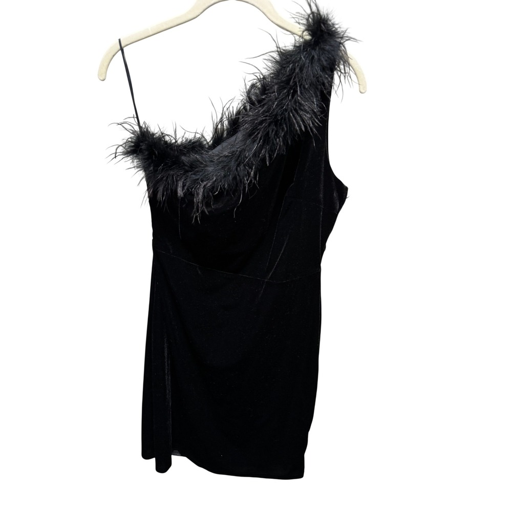 Cena‎ Dress Medium Black One Shoulder Feather Trim Velvet Bodycon Mini Glam Chic